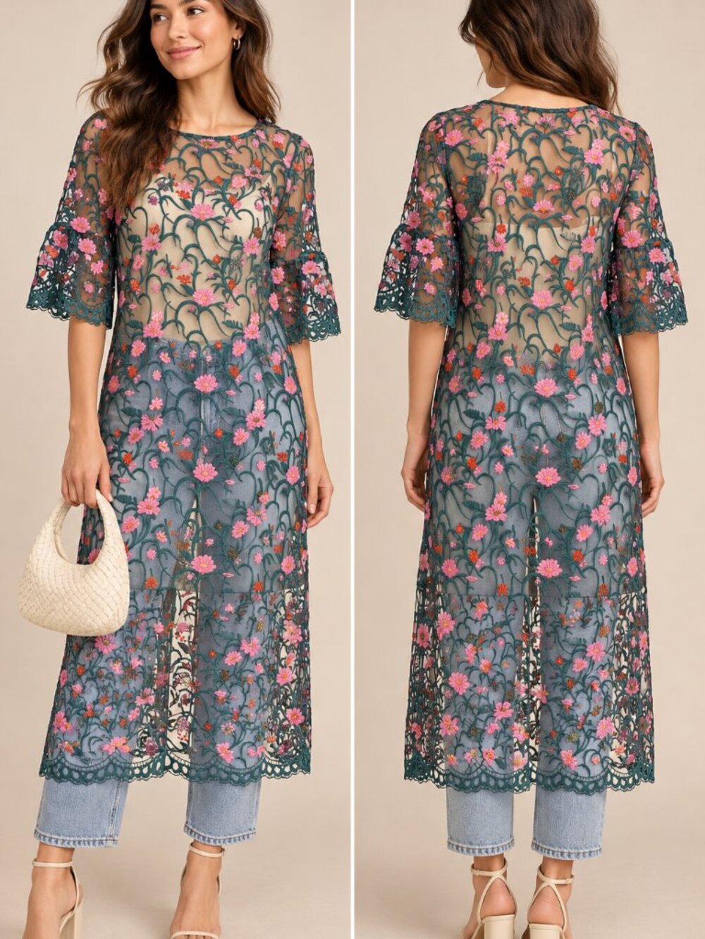 Anthropologie Moulinette Soeurs Floral Embroidered Sheer Midi Dress Size S